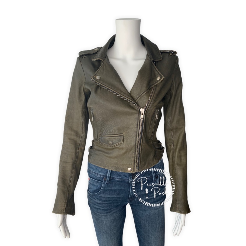 IRO Olive Green Ashville Leather Cropped Distressed Moto Jacket - Picture 16 of 16